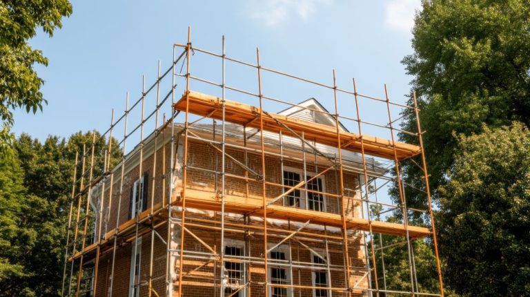 Scaffolding installed to add a story to a house